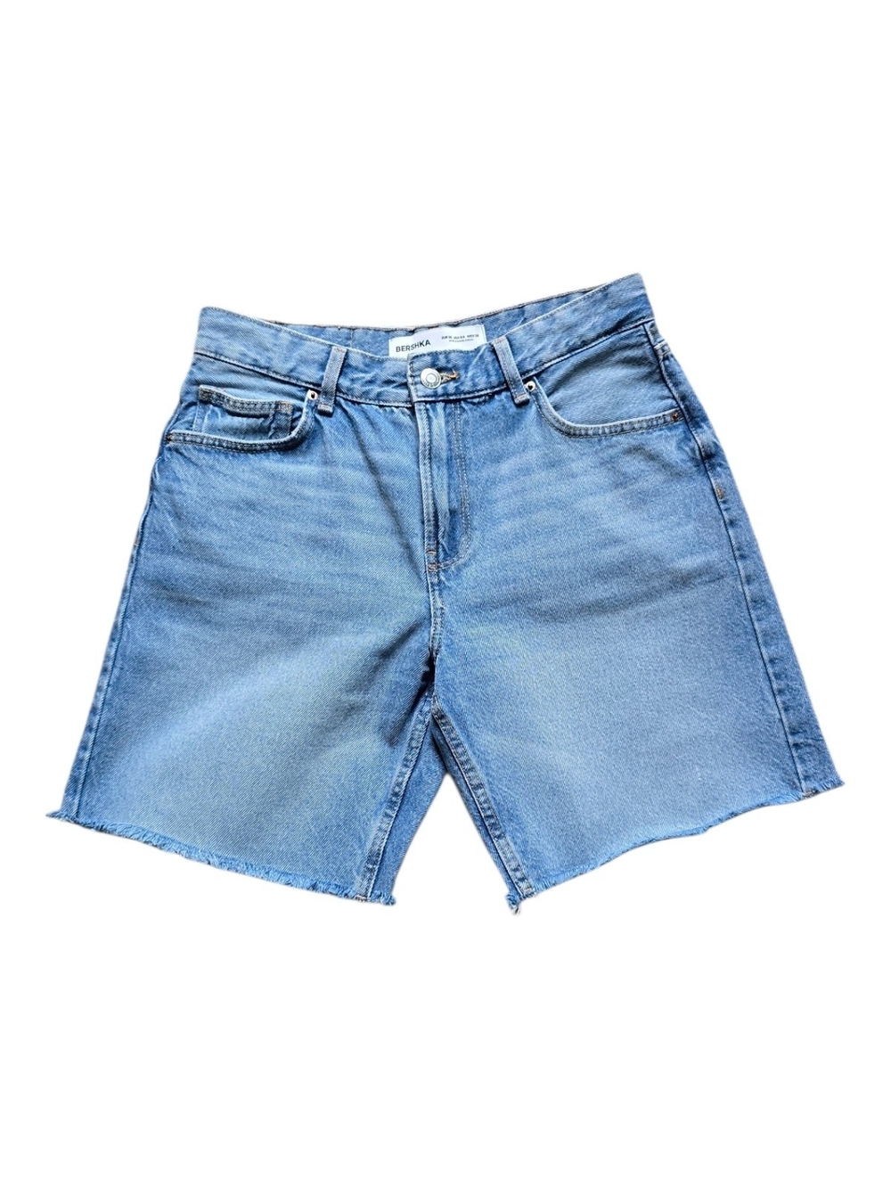 Bershka Jeans Shorts Size 4 Mid Blue Women's High Waisted Raw Hem Longline Denim